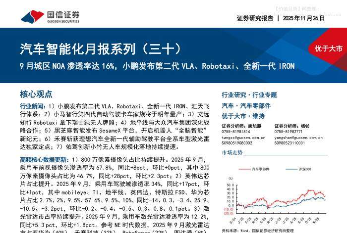交运设备-汽车智能化月报系列（三十）：9月城区NOA渗透率达16%，小鹏发布第二代VLA、Robotaxi、全新一代IRON-国信证券[唐旭霞,杨钐]-20251126【63页】