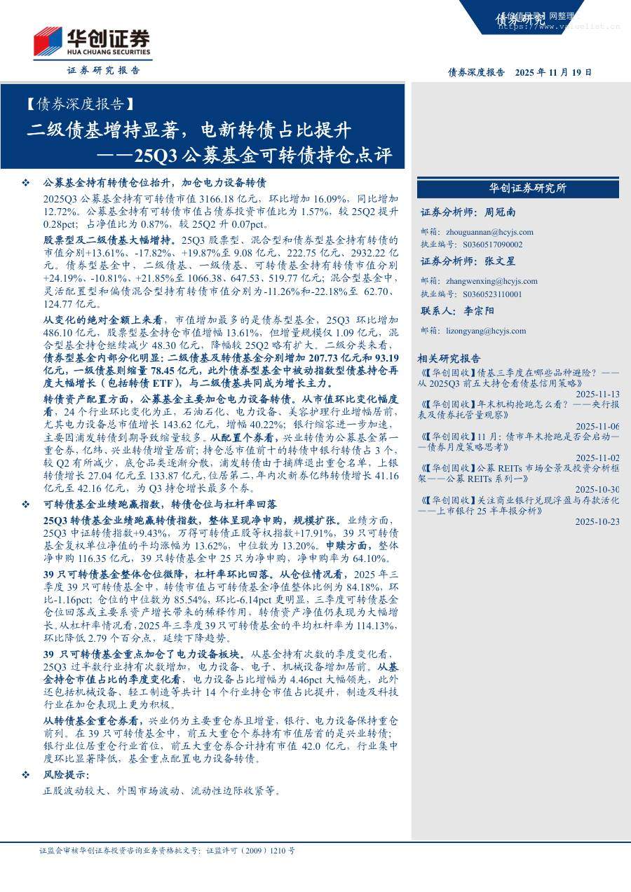 债券研究-【债券深度报告】25Q3公募基金可转债持仓点评：二级债基增持显著，电新转债占比提升-华创证券[周冠南,张文星]-20251119【24页】