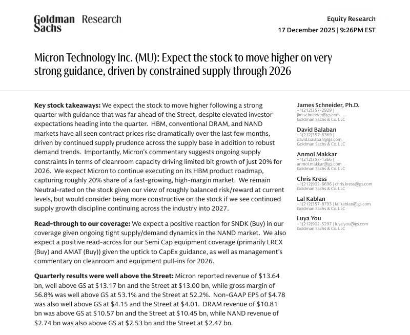 高盛-美光科技(MU)：供应受限推动2026年强劲指引，预计股价将走高-Micron Technology Inc.(MU)：Expect the stock to move higher on very strong guidance,driven by supply constraints throu-20251217【7页】