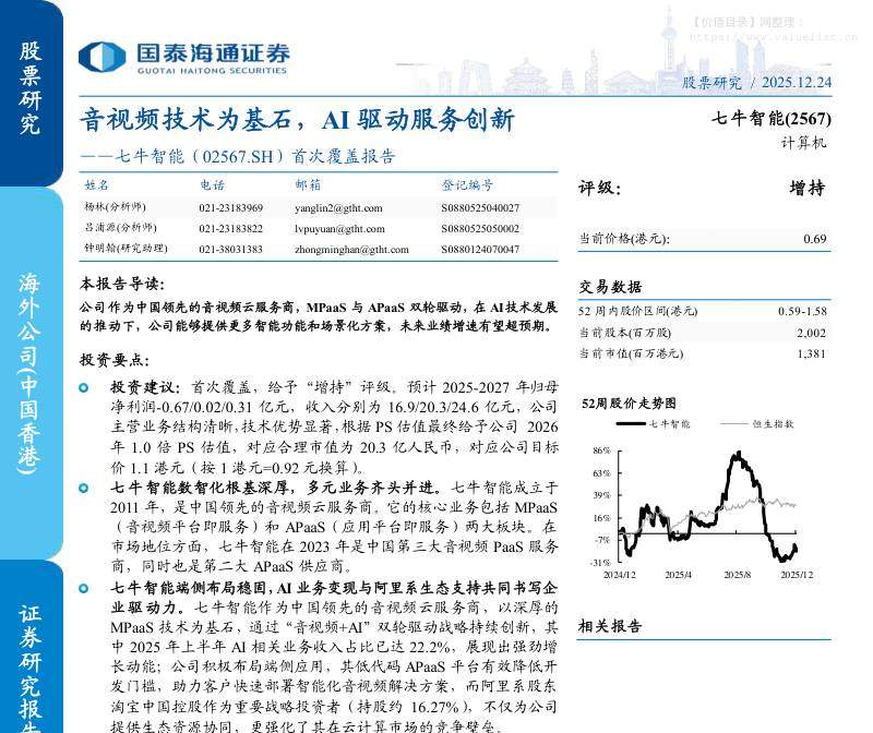 七牛智能(2567.HK)首次覆盖报告：音视频技术为基石，AI驱动服务创新-国泰海通证券[]-20251224【18页】