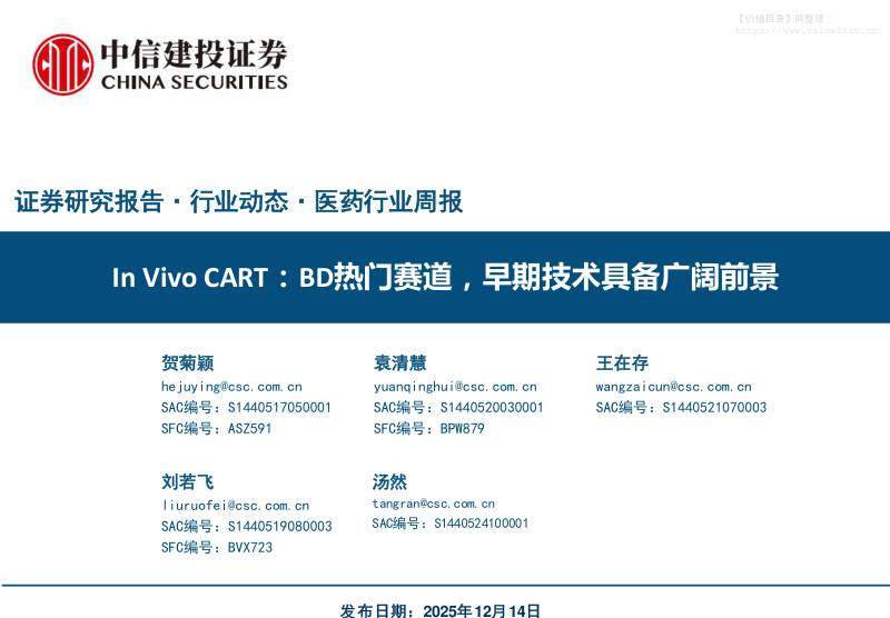 医药生物-医药行业周报：In Vivo CART，BD热门赛道，早期技术具备广阔前景-中信建投[贺菊颖,袁清慧,王在存]-20251214【49页】