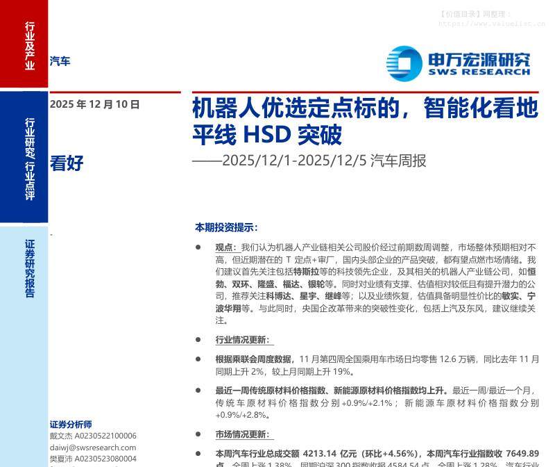 信息技术-汽车行业周报：机器人优选定点标的，智能化看地平线HSD突破-申万宏源[戴文杰,樊夏沛]-20251210【21页】
