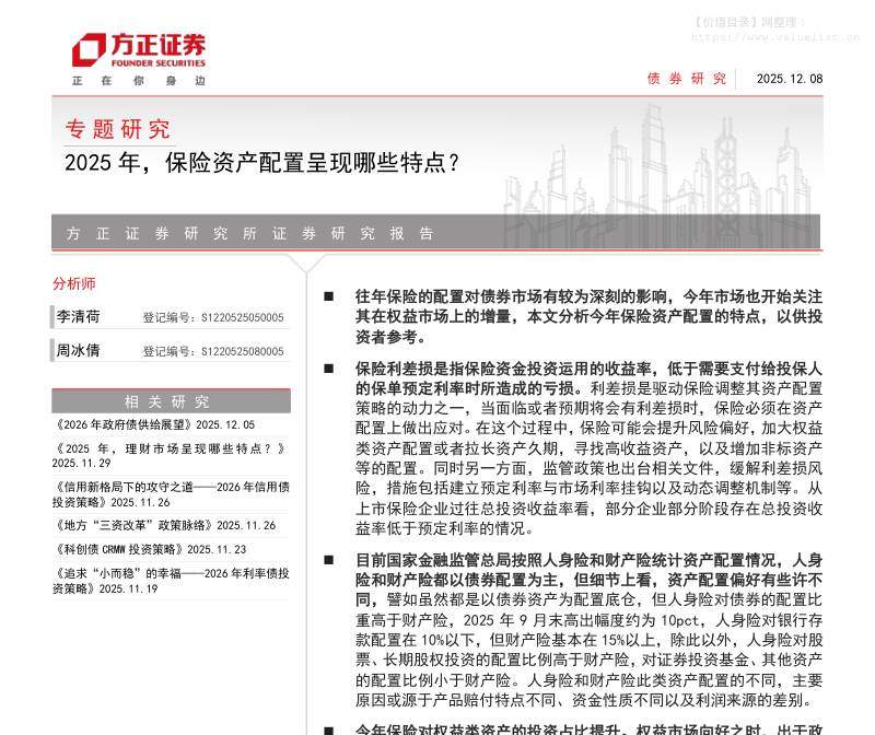 投资组合-专题研究：2025年，保险资产配置呈现哪些特点？-方正证券[李清荷,周冰倩]-20251208【19页】
