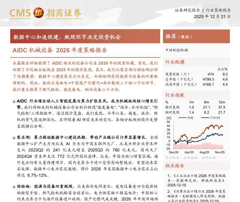 机械设备-AIDC机械设备2026年度策略报告：数据中心加速投建，瓶颈环节决定投资机会-招商证券[郭倩倩,吴洋]-20251221【18页】