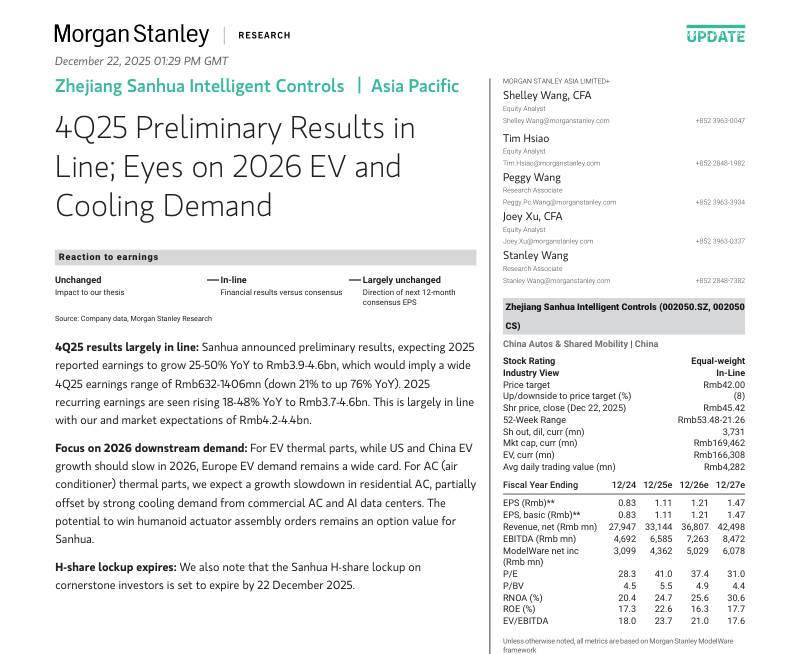 摩根士丹利-三花智控(002050)：2025年四季报初步业绩符合预期，聚焦2026年电动车与制冷需求-Zhejiang Sanhua Intelligent Controls：4Q25 Preliminary Results in Line;Eyes on 2026 EV and Cooling Demand-20251222【8页】
