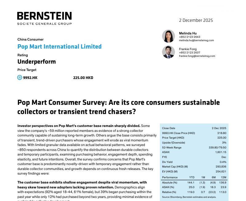 伯恩斯坦-泡泡玛特(9992.HK)：核心消费者是可持续收藏者还是短暂潮流追逐者？-Pop Mart Consumer Survey：Are its core consumers sustainable collectors or transient trend chasers-20251202【35页】