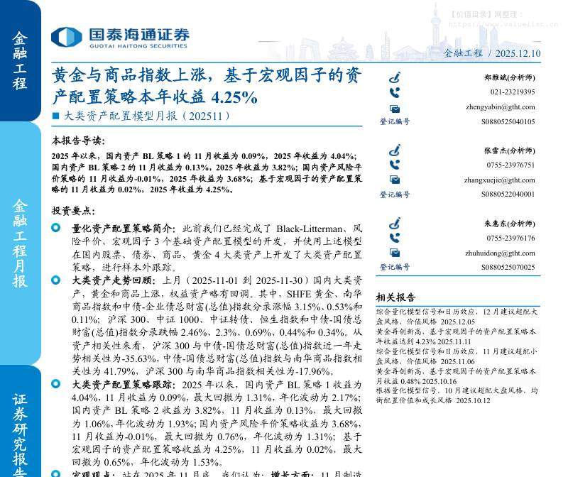 投资组合-大类资产配置模型月报(202511)：黄金与商品指数上涨，基于宏观因子的资产配置策略本年收益4.25%-国泰海通证券[]-20251210【17页】