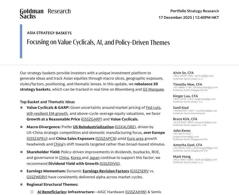 高盛-亚洲策略组合：聚焦价值周期股、人工智能与政策驱动主题-Asia Strategy Baskets：Focusing on Value Cyclicals,AI,and Policy-Driven Themes-20251217【82页】