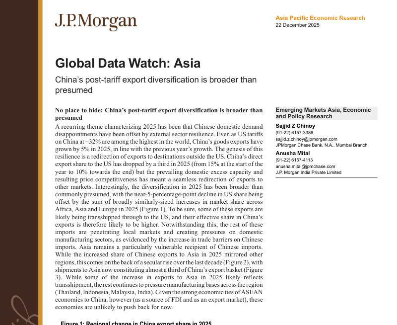 摩根大通-全球数据观察：亚洲——中国关税调整后的出口多元化范围比预想更广-Global Data Watch：Asia-China’s post-tariff export diversification is broader than presumed-20251222【32页】