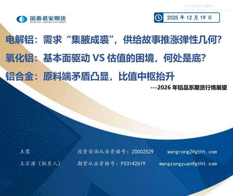商品期货-电解铝：需求“集腋成裘”，供给故事推涨弹性几何？氧化铝：基本面驱动 VS 估值的困境，何处是底？铝合金：原料端矛盾凸显，比值中枢抬升—2026年铝品系期货行情展望-国泰期货[王蓉,王宗源]-20251219【65页】