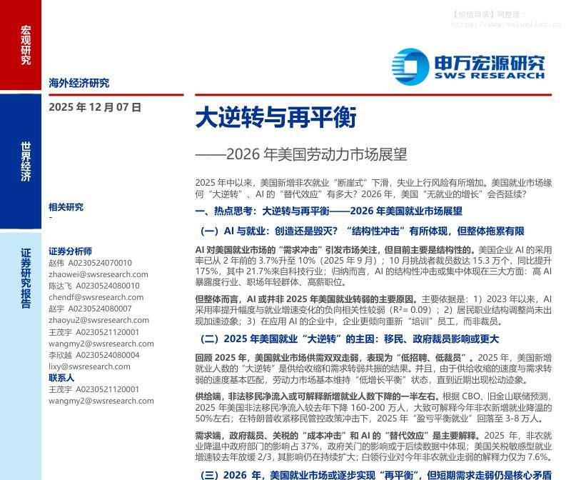 国际宏观-海外经济研究：大逆转与再平衡——2026年美国劳动力市场展望-申万宏源[赵伟,陈达飞,赵宇]-20251207【33页】