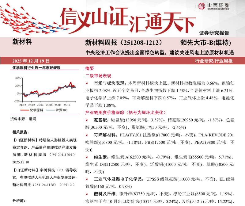 电气设备-新材料行业周报：中央经济工作会议提出全面绿色转型，建议关注风电上游原材料机遇-山西证券[冀泳洁,王锐,申向阳]-20251219【23页】