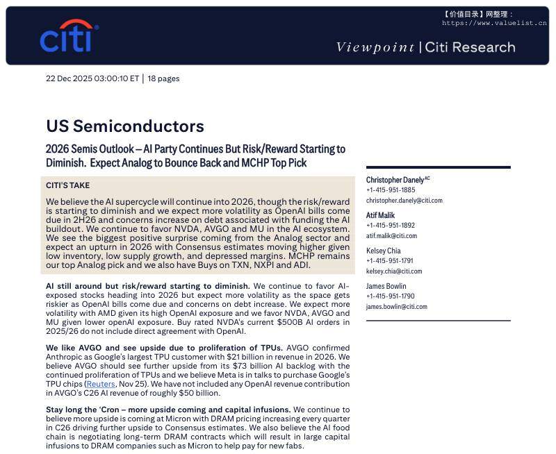 花旗-美国半导体：2026年半导体展望——人工智能热潮延续，但风险回报开始降低；模拟芯片反弹，迈威尔科技为首选-US Semiconductors：2026 Semis Outlook-AI Party Continues But Risk_Reward Starting to Diminish,Analog to Bounce Back an-20251222【18页】