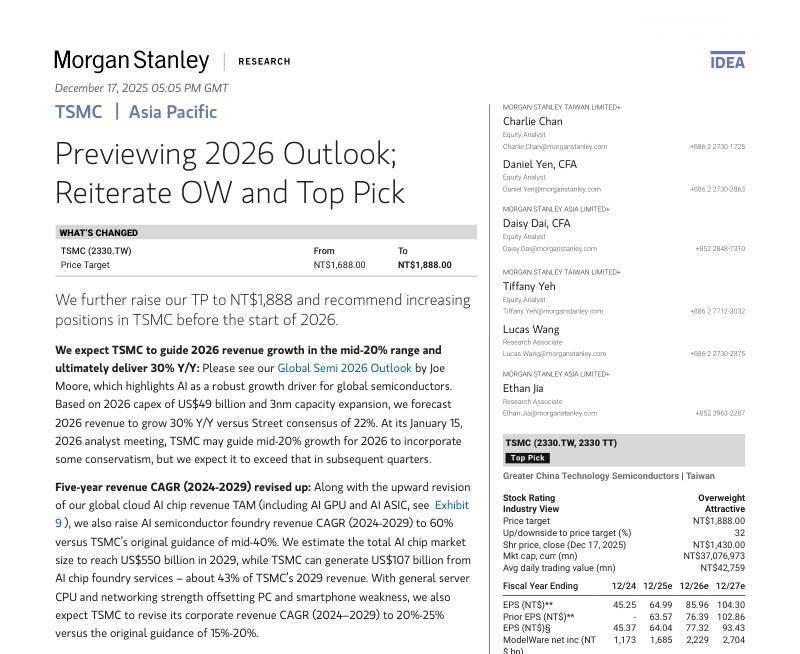 摩根士丹利-台积电(TSM)：2026年展望前瞻；重申增持评级与首选股-TSMC：Previewing 2026 Outlook;Reiterate OW and Top Pick-20251217【27页】
