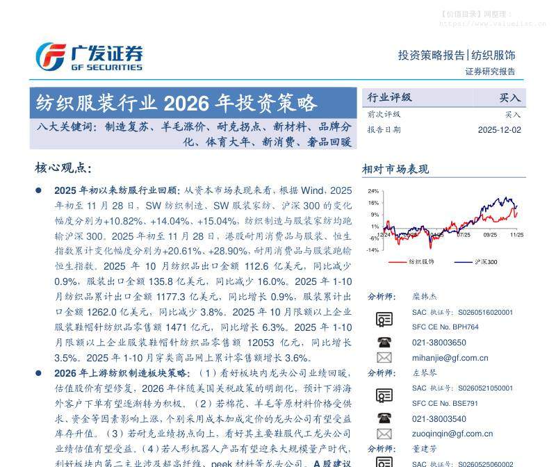 纺织服装-纺织服装行业2026年投资策略：八大关键词：制造复苏、羊毛涨价、耐克拐点、新材料、品牌分化、体育大年、新消费、奢品回暖-广发证券[糜韩杰,左琴琴,董建芳]-20251202【79页】