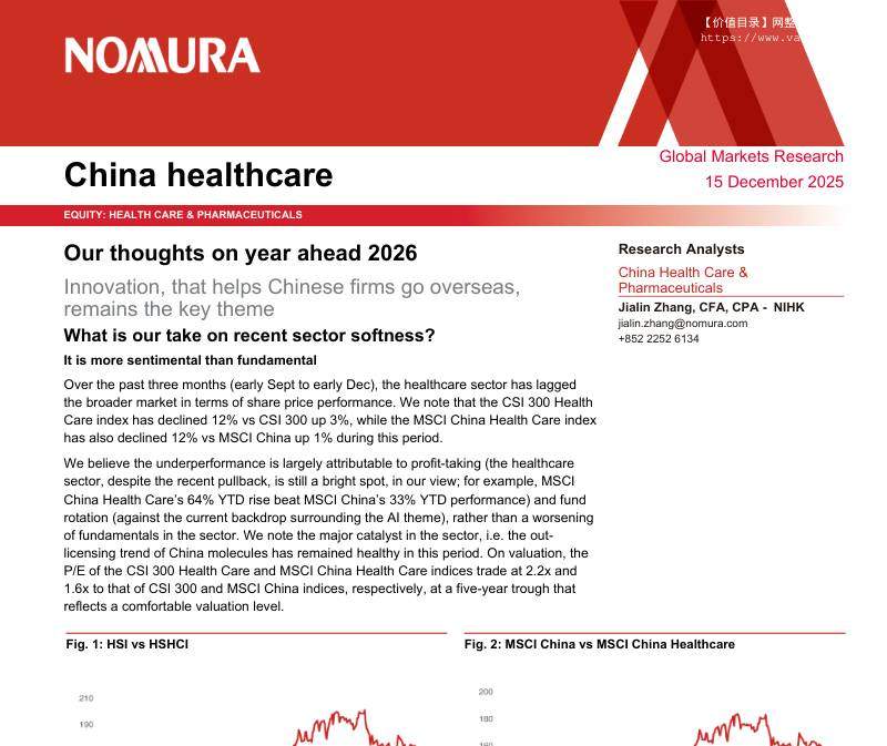野村-中国医疗保健：2026年展望——创新助力中国企业出海仍是关键主题，如何看待近期行业疲软？-China healthcare：Our thoughts on year ahead 2026;Innovation,that helps Chinese firms go overseas,remains the key them-20251215【14页】