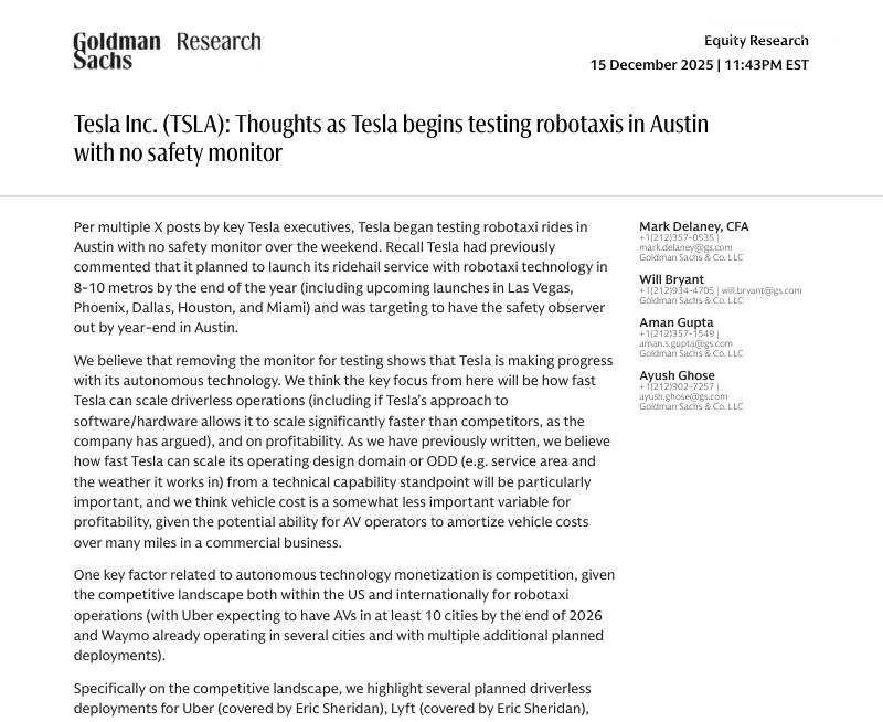 高盛-特斯拉(TSLA)：特斯拉在奥斯汀开始测试无安全监控的Robotaxi之思考-Tesla Inc.(TSLA)：Thoughts as Tesla begins testing robotaxis in Austin with no safety monitor-20251215【8页】