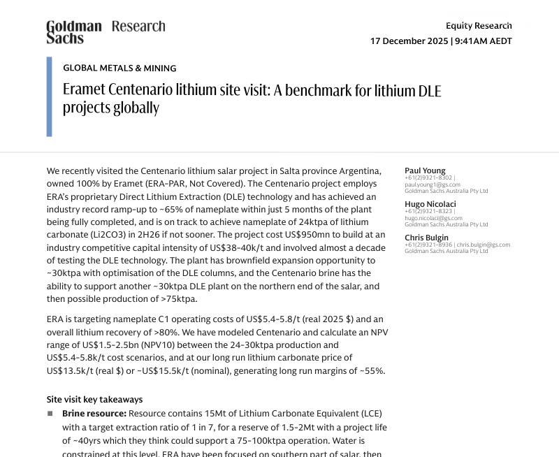 高盛-埃赫曼（Eramet）Centenario锂矿场：全球锂直接提锂项目的标杆-Eramet Centenario lithium site：A benchmark for lithium DLE projects globally-20251217【13页】