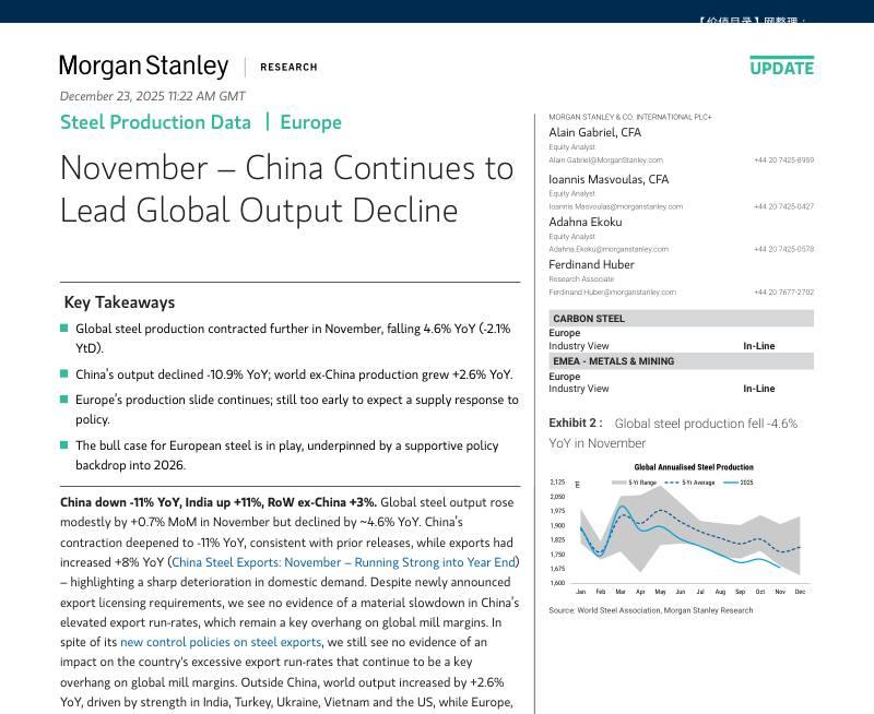 摩根士丹利-钢铁生产数据(欧洲):11月,中国继续引领全球产量下降-Steel Production Data Europe:November-China Continues to Lead Global Output Decline-20231223【24页】