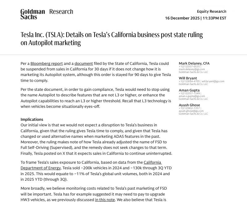 高盛-特斯拉(TSLA)：加州裁决后特斯拉加州业务有关Autopilot营销细节-Tesla Inc.(TSLA)：Details on Tesla’s California business post state ruling on Autopilot marketing-20251216【6页】