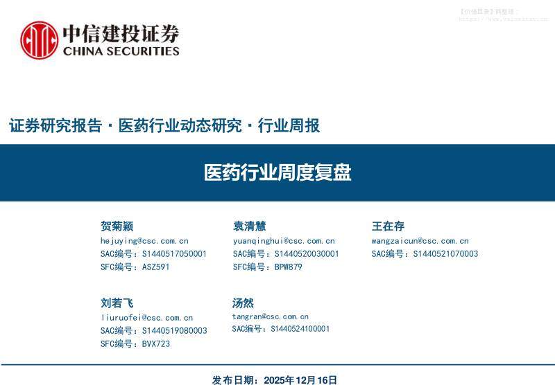 医药生物-医药行业周度复盘-中信建投[贺菊颖,袁清慧,王在存]-20251216【89页】