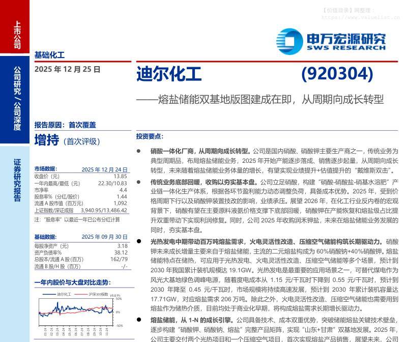 迪尔化工(920304)熔盐储能双基地版图建成在即，从周期向成长转型-申万宏源[刘靖,郑菁华]-20251225【32页】