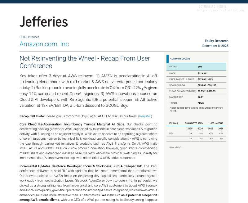 杰富瑞-亚马逊(AMZN)：用户大会回顾，并非重新发明轮子-Amazon.com,Inc：Not Re：Inventing the Wheel-Recap From User Conference-20251207【36页】