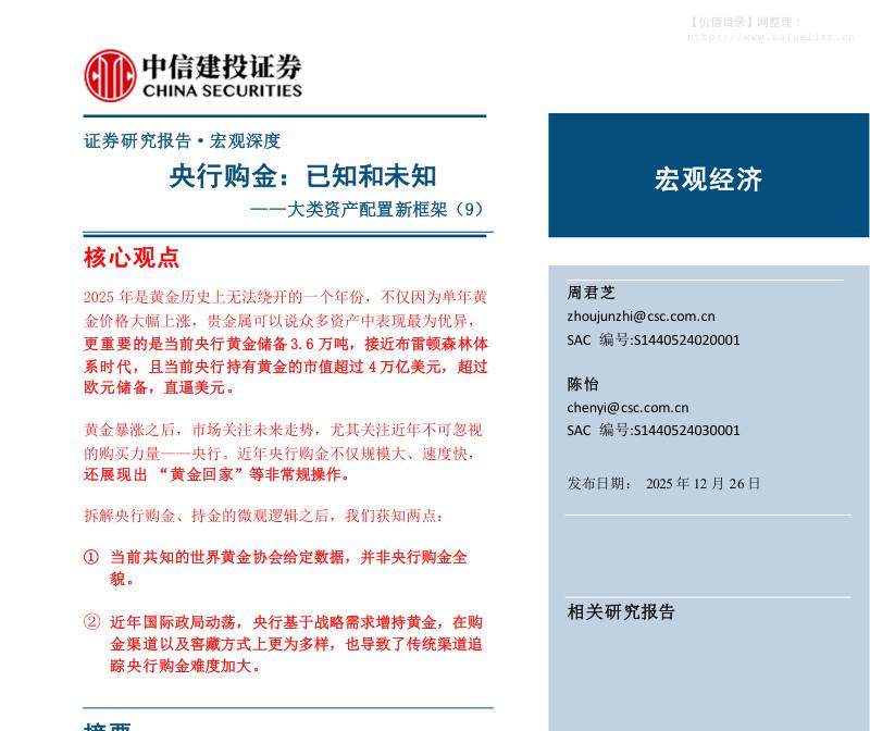 投资组合-大类资产配置新框架(9)：央行购金，已知和未知-中信建投[周君芝,陈怡]-20251226【25页】