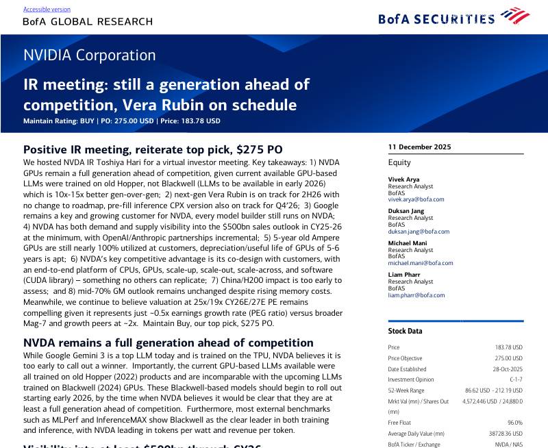 美银-英伟达(NVDA)：投资者关系会议——仍领先竞争对手一代，维拉·鲁宾按计划推进-NVIDIA Corporation：IR meeting：still a generation ahead of competition,Vera Rubin on schedule-20251211【5页】