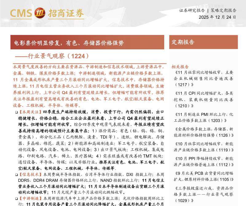行业策略-行业景气观察：电影票价明显修复，有色、存储器价格强势-招商证券[张夏,陈星宇,杨晨]-20251224【33页】