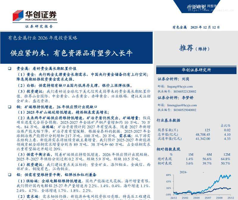 有色金属-有色金属行业2026年度投资策略：供应紧约束，有色资源品有望步入长牛-华创证券[刘岗,李梦娇]-20251212【27页】