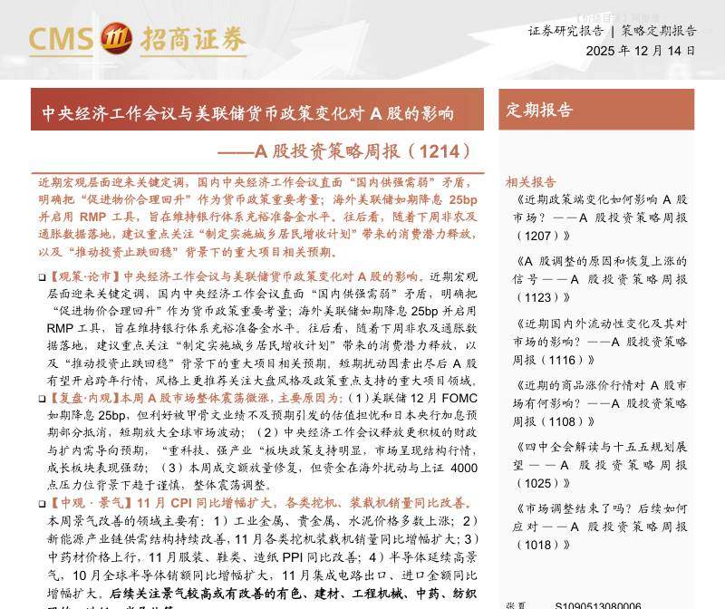策略周报-A股投资策略周报：中央经济工作会议与美联储货币政策变化对A股的影响-招商证券[张夏,涂婧清,陈星宇,田登位,李昊阳,郭佳宜,杨晨,王德健]-20251214【25页】