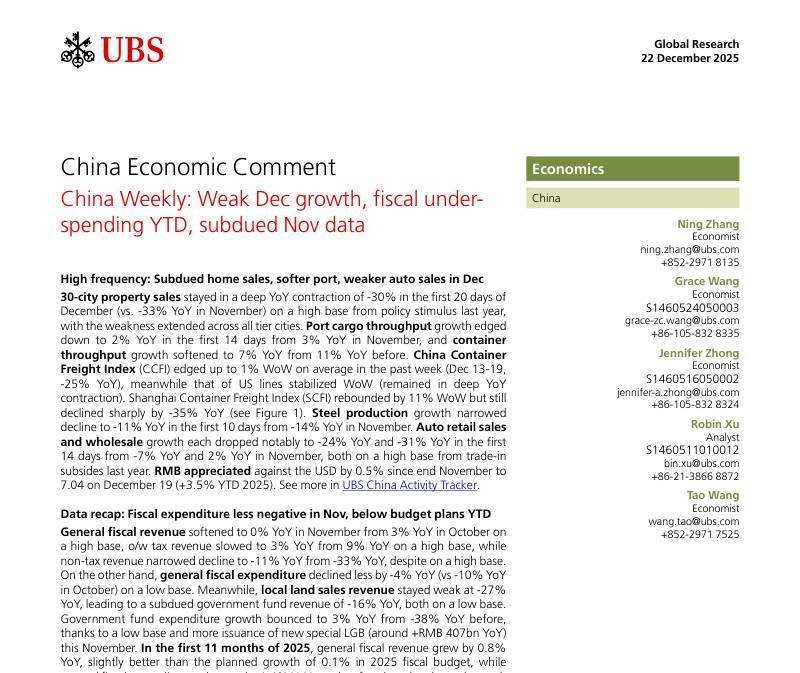 瑞银-中国经济评论：中国周报：12月增长疲软，年初至今财政支出不足，11月数据低迷-China Economic Comment China Weekly：Weak Dec growth,fiscal under-spending YTD,subdued Nov data-20251222【8页】