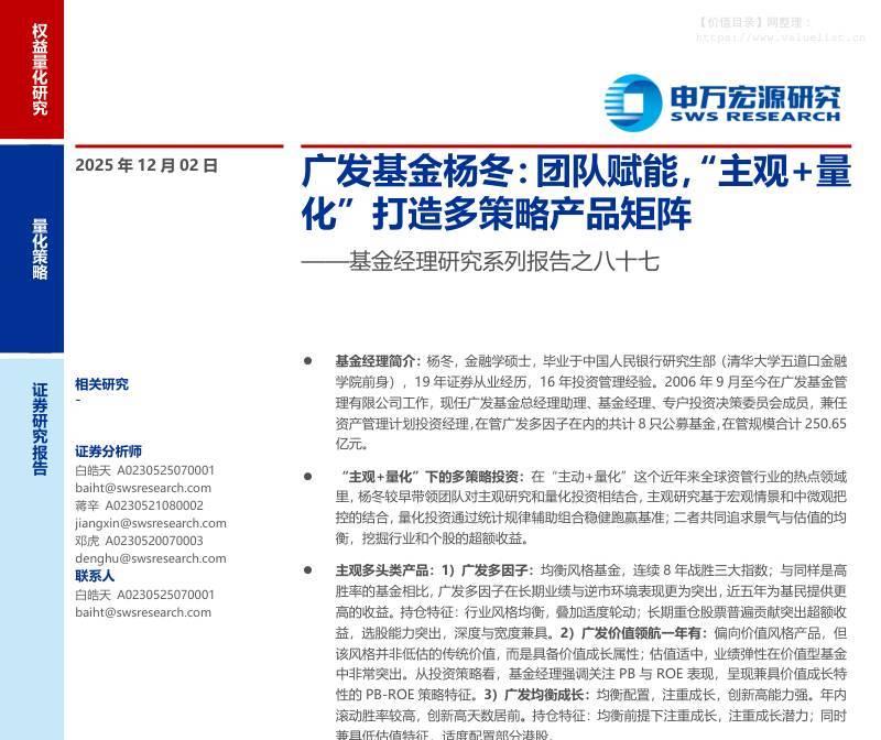 基金研究-基金经理研究系列报告之八十七：广发基金杨冬，团队赋能，“主观+量化”打造多策略产品矩阵-申万宏源[白皓天,蒋辛,邓虎]-20251202【27页】