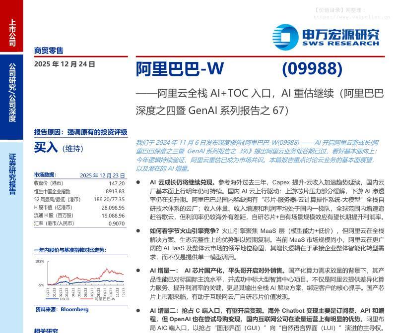阿里巴巴-W(09988)阿里云全栈AI+TOC入口，AI重估继续(阿里巴巴深度之四暨GenAI系列报告之67)-申万宏源[]-20251224【38页】
