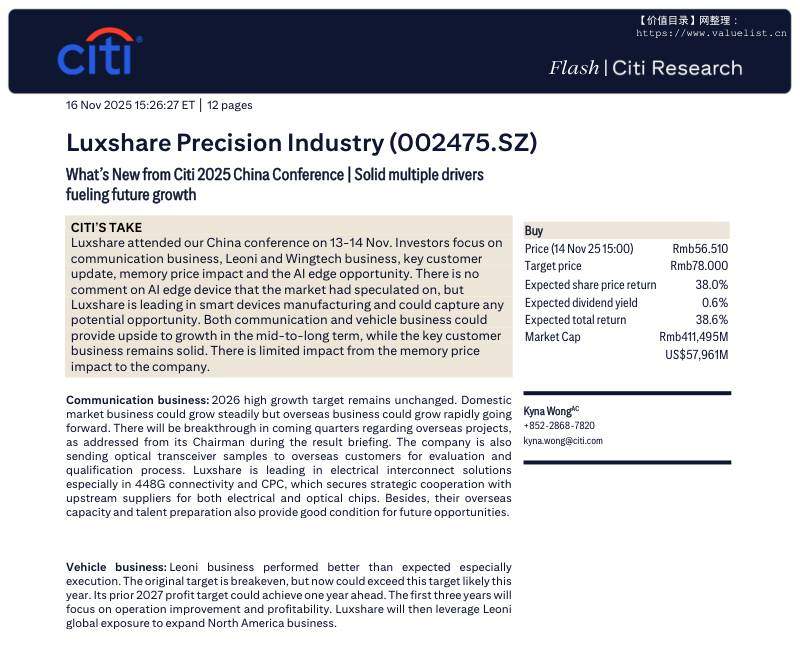 花旗-立讯精密(002475)：2025年中国会议亮点何在？多重驱动因素稳固-Luxshare Precision Industry(002475.SZ)：What’s New From Citi 2025 China Conference  Solid multiple drivers-20251116【12页】