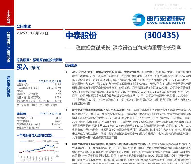 中泰股份(300435)稳健经营谋成长，深冷设备出海成为重要增长引擎-申万宏源[傅浩玮,王璐]-20251223【33页】