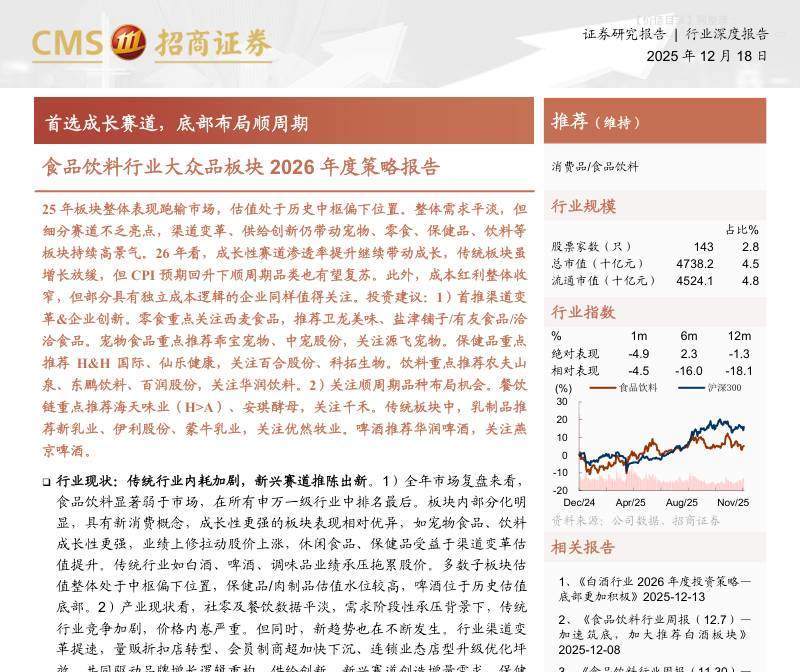 食品饮料-食品饮料行业大众品板块2026年度策略报告：首选成长赛道，底部布局顺周期-招商证券[陈书慧,刘成,任龙,胡思蓓,朱彦霖]-20251218【23页】