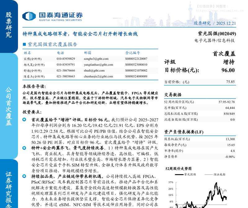 紫光国微(002049)首次覆盖报告：特种集成电路领军者，智能安全芯片打开新增长曲线-国泰海通证券[宋博,杨天昊,舒迪]-20251221【21页】