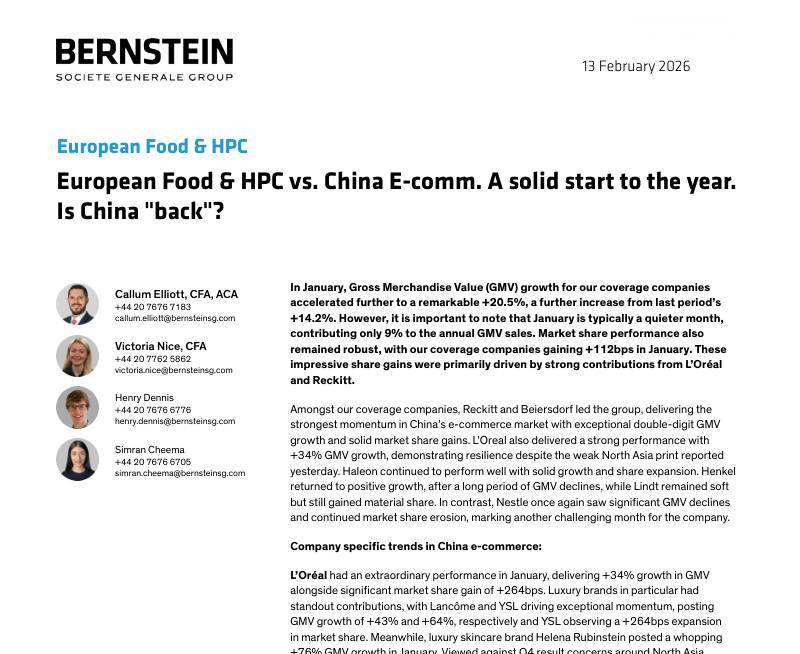 Hpc Values 伯恩斯坦-欧洲食品与个护行业对比中国电商:开局稳健,中国“回归”了吗?-European Food&HPC vs. China E-comm ...