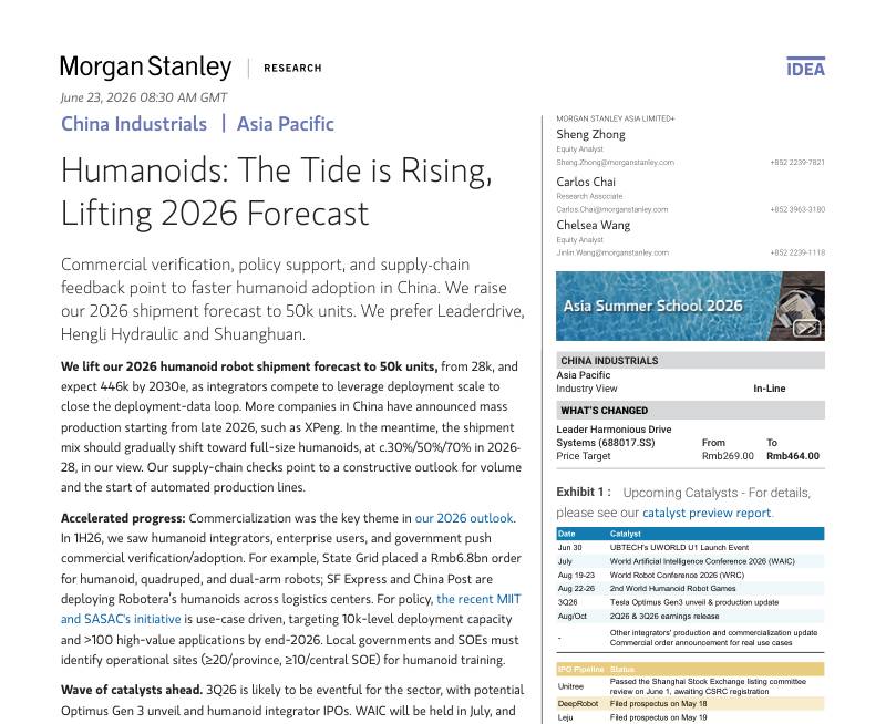 摩根士丹利-中国工业：人形机器人浪潮兴起，上调2026年预测-Humanoids：The Tide is Rising,Lifting 2026 Forecast-20260623【20页】