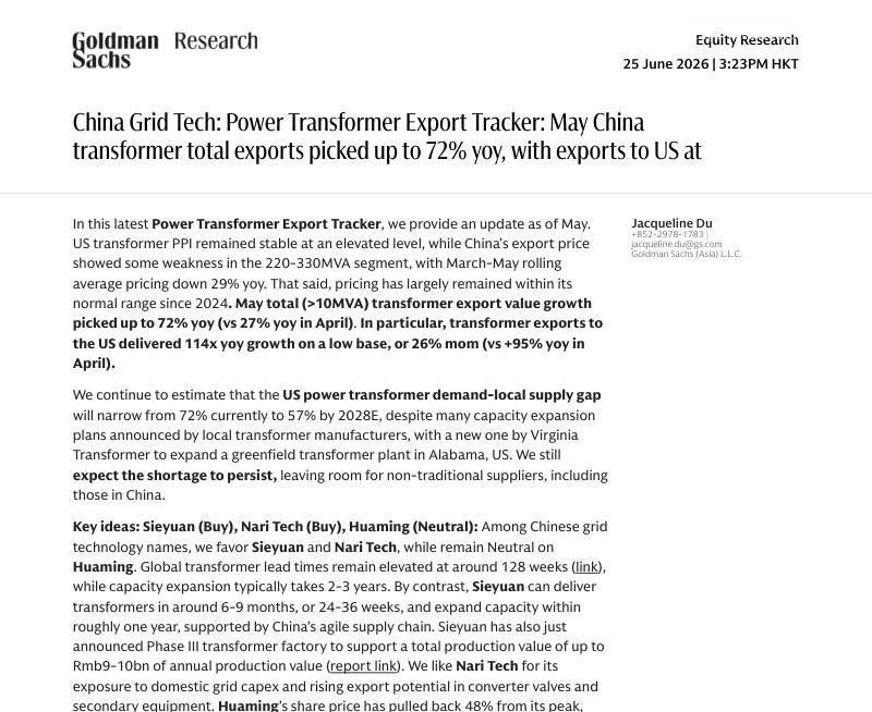 高盛-中国电网科技：电力变压器出口追踪：5月中国变压器总出口同比回升至72%，对美出口高增-China Grid Tech：Power Transformer Export Tracker：May China transformer total exports picked up to 72% yoy,with export-20260625【8页】
